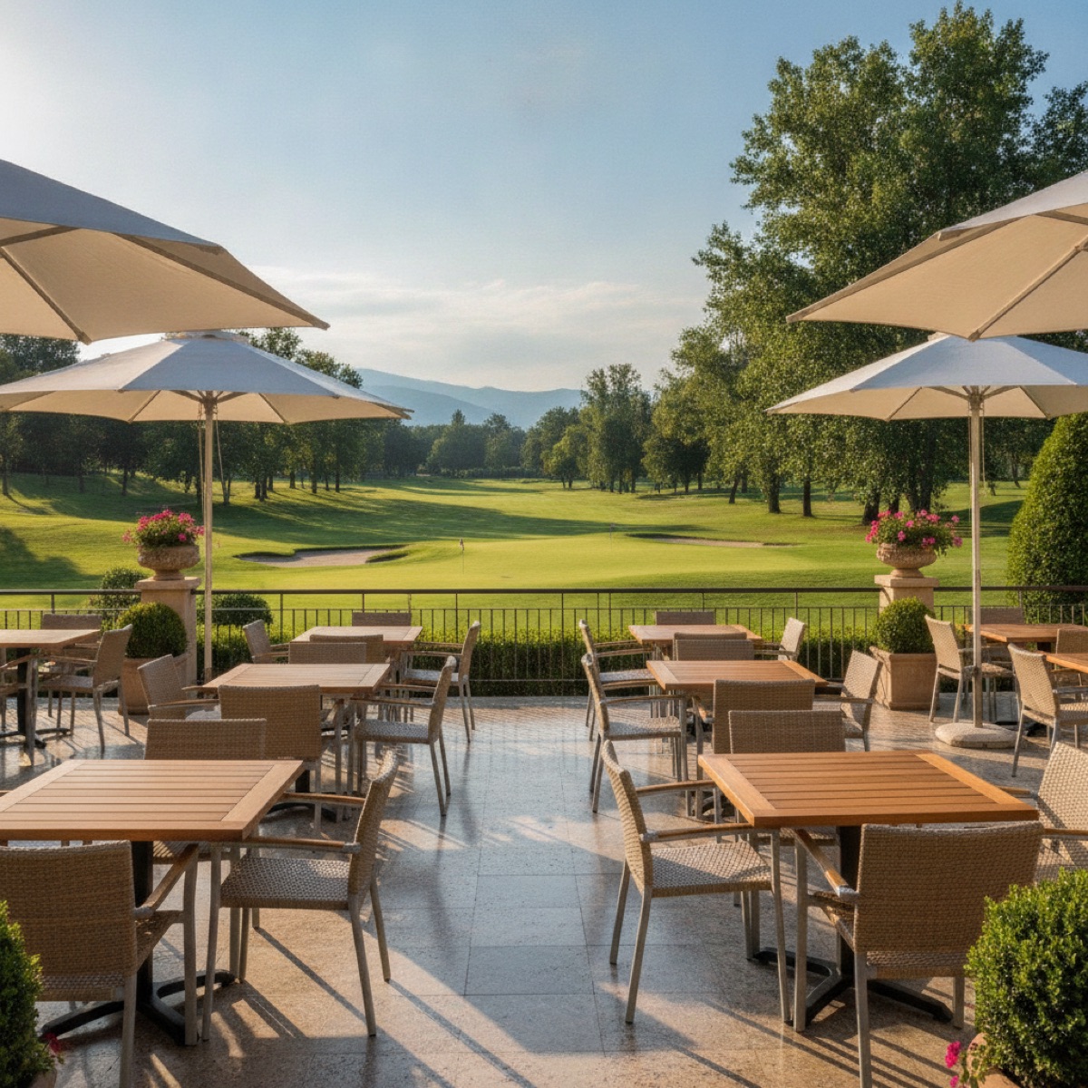 Terrasse des Clubhauses mit Blick auf den Platz